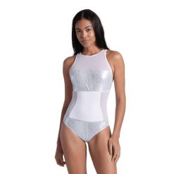 Strój kąpielowy damski połyskujący z siateczką Arena Mesh Pro. Białe stroje jednoczęściowe Arena, bez wzorów, z meshu. Za 139.99 zł.