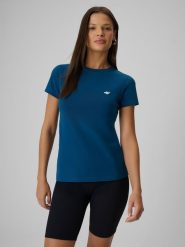 4F T-shirt slim gładki damski - turkusowy XL. Niebieskie t-shirty damskie 4F, xl, bez wzorów, z bawełny, bez kołnierzyka. Za 39.99 zł.