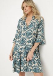 Granatowo-Beżowa Rozkloszowana Sukienka z Bawełny z Falbanami w Ornamentalny Wzór Lanoreth. Niebieskie sukienki damskie Born2be, bez wzorów, z bawełny, klasyczne, bez ramiączek. Za 69.99 zł.