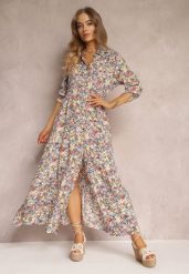 Żółto-Niebieska Sukienka Koszulowa w Kwiaty Mirannie. Żółte sukienki damskie Renee, bez wzorów, boho, bez ramiączek. W wyprzedaży za 67.99 zł.