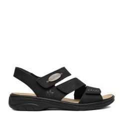 Sandały Rieker. Czarne sandały damskie Rieker, bez wzorów, bez obcasa, na płaskiej podeszwie, bez zapięcia. Za 319.99 zł.