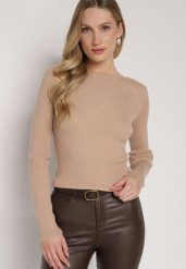 Beżowy Sweter z Wiskozą i Metaliczną Nitką Lillanova. Brązowe swetry klasyczne damskie Born2be, s, z jeansu, bez kołnierzyka. Za 79.99 zł.