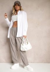 Szare Bawełniane Spodnie High Waist w Klasycznym Stylu Arivora. Szare spodnie materiałowe damskie Renee, bez wzorów, z bawełny. Za 119.99 zł.