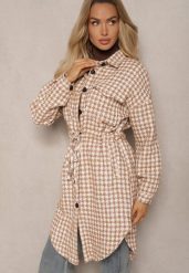 Brązowa Koszulowa Sukienka Szmizjerka w Kratkę Vichy z Kieszeniami i Paskiem Daislen. Brązowe sukienki damskie Renee, bez wzorów, eleganckie, bez ramiączek. W wyprzedaży za 119.99 zł.
