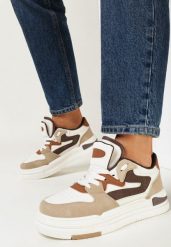 Ciemnobeżowe Sneakersy z Imitacji Skóry z Ozdobnymi Wstawkami Xavara. Brązowe obuwie sportowe damskie Born2be, ze skóry, bez zapięcia. Za 99.99 zł.