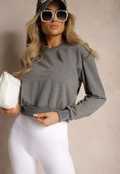 Ciemnoszara Bluza z Bawełną ze Ściągaczami przy Rękawach i w Pasie Alberia. Szare bluzy damskie Renee, l, bez wzorów, z bawełny, bez kaptura. Za 39.99 zł.