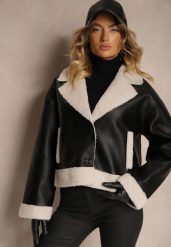 Czarna Kurtka Biker w Stylu Ramoneski z Futrzanym Ociepleniem Nikinia. Czarne kurtki damskie Renee, l, bez wzorów, z futra, bez kaptura. Za 279.99 zł.