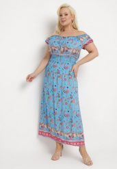 Niebieska Sukienka na Lato Bawełniana Hiszpanka z Wzorem Paisley i Gumką w Pasie Vediana. Niebieskie sukienki damskie Born2be, bez wzorów, z bawełny, bez ramiączek. Za 79.99 zł.