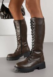 Brązowe Kozaki Grunge VICES w Stylu Workerów Uniama. Brązowe kozaki damskie Born2be, z dzianiny, bez obcasa, na płaskiej podeszwie, bez zapięcia. Za 169.99 zł.
