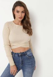 Beżowy Dopasowany Sweter z Ozdobnym Krótszym Dołem Jamorsen. Brązowe swetry klasyczne damskie Born2be, z jeansu, bez kołnierzyka. Za 139.99 zł.