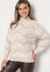 Beżowy Golf z Wełną o Klasycznym Kroju w Geometryczny Wzór Mirista. Brązowe golfy damskie Born2be, l, bez wzorów, z wełny, bez ramiączek. Za 64.99 zł.