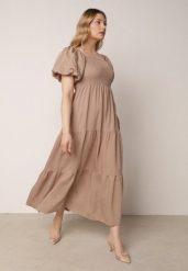 Beżowa Wiskozowa Sukienka z Bufiastymi Rękawami i Marszczoną Górą Liones. Brązowe sukienki damskie Born2be, bez wzorów, z jeansu, wakacyjne, bez ramiączek. Za 89.99 zł.