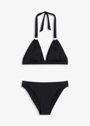 Bikini z ramiączkami wiązanymi na szyi, z ozdobnym kółkiem (2 części). Czarne bikini bonprix, bez wzorów. Za 94.99 zł.