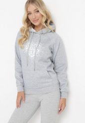 Jasnoszara Bluza z Kapturem i Nadrukiem oraz Ściągaczami Sitta. Szare bluzy damskie Born2be, l, bez wzorów, z kapturem. Za 84.99 zł.