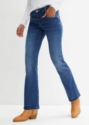 Jeansy ze stretchem o kroju bootcut, mid waist. Niebieskie jeansy damskie bonprix. Za 124.99 zł.