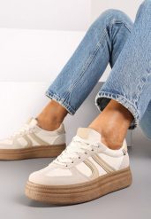 Beżowe Sneakersy na Platformie Ozdobione Geometrycznym Motywem Nevmira. Brązowe obuwie sportowe damskie Renee, z jeansu, bez zapięcia. Za 79.99 zł.