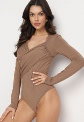 Ciemnobeżowe Body Eleganckie z Marszczeniem Ziellea. Brązowe body i gorsety Born2be, bez wzorów, z jeansu. Za 44.99 zł.