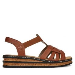 Sandały Rieker. Brązowe sandały damskie Rieker, bez wzorów, bez obcasa, na koturnie, bez zapięcia. Za 299.99 zł.