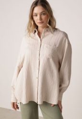 Beżowa Wiskozowa Koszula z Dodatkiem Lnu z Tkaniny Strukturalnej Noma. Brązowe koszule damskie Born2be, uniwersalny, bez wzorów, z jeansu, casualowe, bez kołnierzyka, bez ramiączek. Za 89.99 zł.