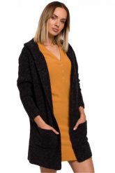 Kardigan oversize z wełną i obszernym kapturem wąskie rękawy czarny. Czarne kardigany damskie Polskie swetry, l, bez wzorów, z materiału. Za 289.00 zł.