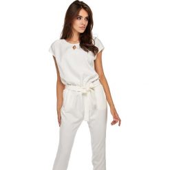 Biały Stylowy Kombinezon z Mini Rękawkiem. Białe kombinezony damskie Molly.pl, z tkaniny, eleganckie, z długim rękawem, długie. Za 189.90 zł.
