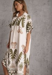 Zielona Wiskozowa Sukienka o Kroju Oversize z Geometrycznym Printem Talon. Zielone sukienki damskie Renee, bez wzorów, z wiskozy, eleganckie, bez ramiączek. Za 89.99 zł.