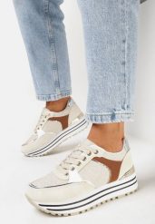 Beżowe Sneakersy z Materiałowymi Wstawkami i Brokatem Jutofa. Brązowe obuwie sportowe damskie Born2be, z materiału, bez zapięcia, do biegania. Za 59.99 zł.