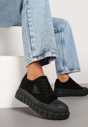 Czarne Sneakersy Vices na Platformie z Ozdobą i Napisem Leawen. Czarne obuwie sportowe damskie Renee, z jeansu, bez zapięcia. Za 79.99 zł.