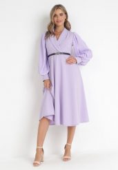 Fioletowa Sukienka Rozkloszowana z Paskiem Aidyn. Fioletowe sukienki damskie Born2be, bez wzorów, eleganckie, bez ramiączek. W wyprzedaży za 110.49 zł.