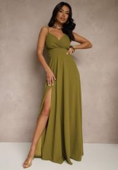 Jasnozielona Elegancka Sukienka o Rozkloszowanym Kroju z Rozcięciem na Ramiączkach z Kopertowym Dekoltem Winelia. Zielone sukienki damskie Renee, bez wzorów, eleganckie, bez ramiączek. W wyprzedaży za 181.99 zł.