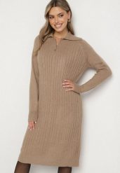 Beżowa Sweterkowa Sukienka Pudełkowa z Bawełną i Wełną Ozdobiona Suwakiem Reimia. Brązowe sukienki damskie Born2be, bez wzorów, z bawełny, klasyczne, bez ramiączek. Za 79.99 zł.