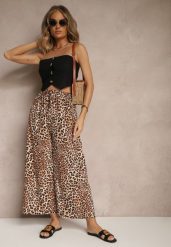 Beżowo-Brązowe Spodnie Wide Leg z Gumką w Talii w Panterkowy Wzór Filanira. Czarne spodnie materiałowe damskie Renee, bez wzorów, z jeansu. Za 29.99 zł.