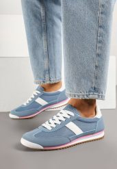 Niebieskie Sneakersy z Ozdobnym Paskiem Cleota. Niebieskie obuwie sportowe damskie Born2be, z jeansu, bez zapięcia. Za 64.99 zł.