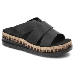 Czarne Klapki Rieker Wygodne Buty Na Platformie. Czarne klapki damskie Rieker, bez wzorów, z bawełny, bez obcasa, na platformie, bez zapięcia. Za 299.00 zł.