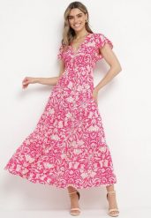 Różowa Rozkloszowana Sukienka Maxi z Luźnym Rękawem w Kwiatowy Print Oxeria. Czerwone sukienki damskie Born2be, bez wzorów, bez ramiączek. Za 109.99 zł.