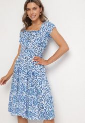 Niebieska Sukienka z Bawełny w Ornamentalny Wzór z Gumką w Pasie Natirissa. Niebieskie sukienki damskie Born2be, bez wzorów, z bawełny, eleganckie, bez ramiączek. W wyprzedaży za 42.49 zł.