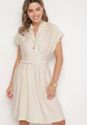 Beżowa Sukienka z Wiskozy o Rozkloszowanym Kroju z Paskiem Sepina. Brązowe sukienki damskie Born2be, z aplikacjami, z wiskozy, eleganckie, bez ramiączek. Za 129.99 zł.