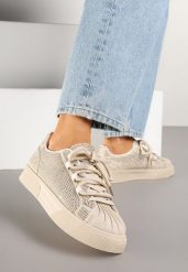 Beżowe Sneakersy Ozdobione Cyrkoniami i Tłoczonym Noskiem Calreis. Brązowe obuwie sportowe damskie Born2be, z jeansu, bez zapięcia. Za 89.99 zł.
