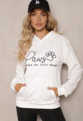 Biała Bluza z Bawełną Kapturem i Napisem Gelabrina. Białe bluzy damskie Renee, l, bez wzorów, z bawełny, z kapturem. Za 69.99 zł.