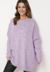 Fioletowy Klasyczny Sweter o Kroju Oversize Zallelia. Fioletowe swetry klasyczne damskie Born2be, na jesień, z wełny, bez kołnierzyka. Za 149.99 zł.