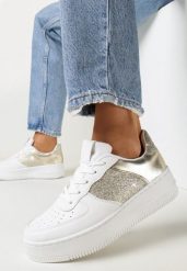 Biało-Złote Sznurowane Sneakersy na Płaskiej Podeszwie z Brokatowymi Wstawkami Dezia. Białe obuwie sportowe damskie Born2be, bez zapięcia. Za 39.99 zł.