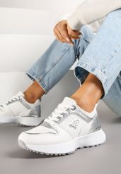 Białe Sneakersy Ozdobione Perforacją i Geometryczną Aplikacją Senilanea. Białe obuwie sportowe damskie Renee, z jeansu, bez zapięcia. Za 99.99 zł.