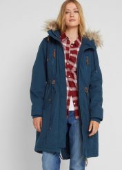 Parka zimowa z kapturem ze sztucznym futerkiem. Niebieskie parki damskie bonprix, na zimę, z kapturem. Za 359.99 zł.