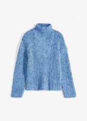 Sweter ze stójką i obniżoną linią ramon. Niebieskie swetry klasyczne damskie bonprix, bez kołnierzyka. Za 144.99 zł.
