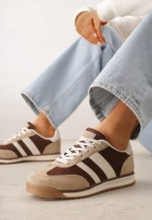 Brązowe Sneakersy Ozdobione z Boku Paskami Ariene. Brązowe obuwie sportowe damskie Renee, na wiosnę, z jeansu, bez zapięcia. Za 109.99 zł.