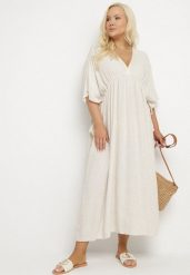 Beżowa Wiskozowa Sukienka z Lnem o Nietoperzowym Kroju z Wiązaniem Tolureia. Brązowe sukienki damskie Born2be, bez wzorów, z wiskozy, eleganckie, bez ramiączek. W wyprzedaży za 135.99 zł.