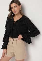 Czarna Bluzka z Wiązaniem i Falbankami z Dodatkowym Topem na Ramiączkach Mirasiela. Czarne bluzki damskie Born2be, m, z aplikacjami, z jeansu, eleganckie, bez kołnierzyka, bez ramiączek. Za 149.99 zł.