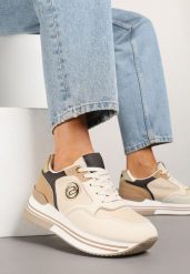 Beżowe Sneakersy na Platformie z Metaliczną Ozdobą Roniane. Brązowe obuwie sportowe damskie Renee, z jeansu, bez zapięcia. Za 99.99 zł.