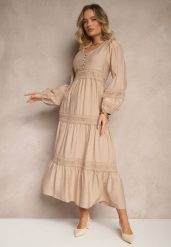 Ciemnobeżowa Rozkloszowana Sukienka z Wiskozy Zdobiona Koronkowymi Wstawkami Gonolen. Brązowe sukienki damskie Renee, z aplikacjami, z koronki, eleganckie, bez ramiączek. W wyprzedaży za 111.99 zł.