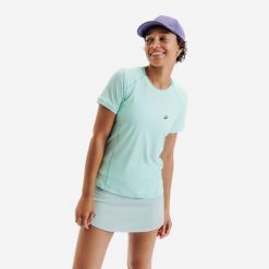 Koszulka tenisowa damska Kuikma Dry. Niebieskie bluzki damskie KUIKMA, xl, bez wzorów, z elastanu, eleganckie, bez kołnierzyka, bez ramiączek. Za 59.99 zł.